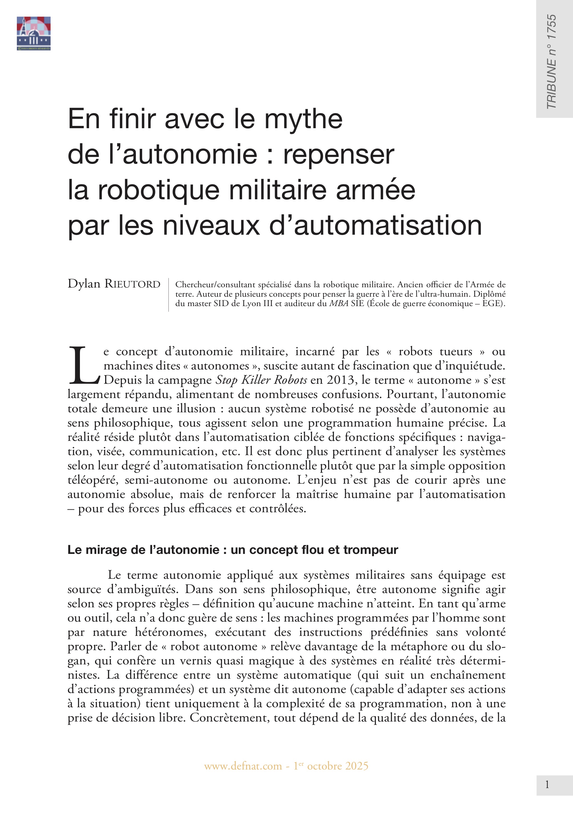 En finir avec le mythe de l’autonomie : repenser la robotique militaire armée par les niveaux d’automatisation (T 1755)
